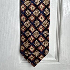 Daniel de Fasson Brown Gold Blue Necktie 100% Silk Multicolor Geometric Design